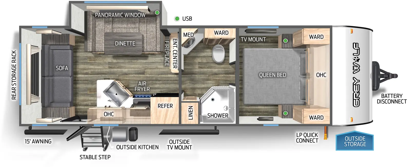 The 23MK has one slide out and one entry door. Exterior features include a rear storage rack, 15 foot awning, rear stable step entry, outside kitchen, outside TV mount, LP quick connect, outside storage, and battery disconnect. Interior layout front to back: queen bed with overhead cabinet, wardrobes on each side, and TV mount; split full bathroom with toilet, wardrobe, sink and medicine cabinet on off-door side, and shower and linen closet on door side; entertainment center and fireplace along inner wall; off-door side slide out with dinette and panoramic window; door side refrigerator, air fryer, overhead cabinets, peninsula kitchen countertop with sink, and entry door; rear sofa.